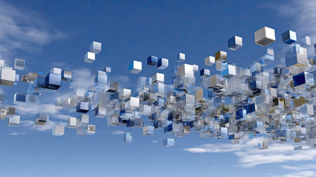 This abstract image features numerous floating glass cubes against a vibrant blue sky, showcasing a blend of modernity and creativity in design and technology elements.の素材