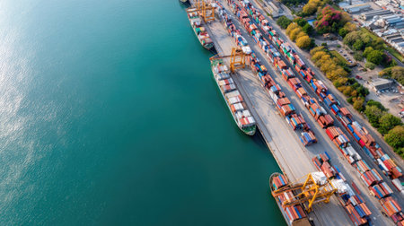 Aerial perspective showcasing a bustling shipping port featuring colorful cargo containers and cranes along the water, representing the hub of global trade and logistics.の素材