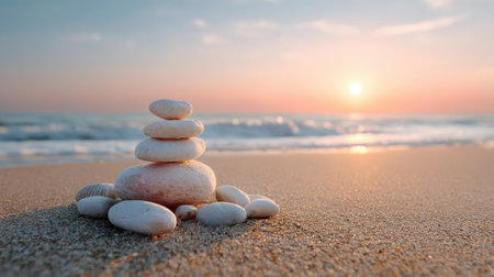 A tranquil scene of stacked stones on sandy beach during sunrise, capturing the essence of peace, balance, and natural beauty in a coastal setting.の素材