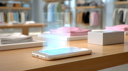 A modern smartphone rests on a wooden surface in a retail store, projecting a holographic interface that enhances the shopping experience for customers.の素材