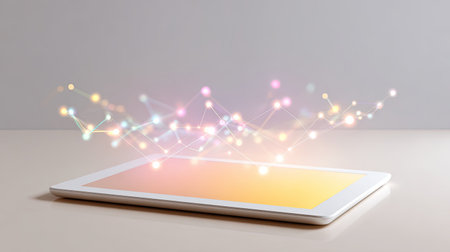 A sleek tablet device is surrounded by glowing digital particles, representing innovation and creativity in technology. The minimalistic design highlights modern aesthetics.の素材