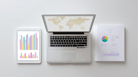 A sleek modern workspace featuring a laptop, tablet, and assorted documents displaying charts and graphs, ideal for data analysis and presentations in a minimalist layout.の素材