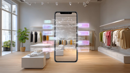 A smartphone displays augmented reality features, visualizing product information in a stylish modern clothing store, showcasing the future of retail shopping experiences.の素材
