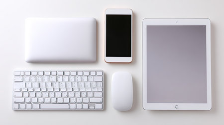 A modern workspace featuring a white keyboard, smartphone, tablet, and mouse arranged neatly on a minimalistic background, showcasing sleek design and functionality.の素材