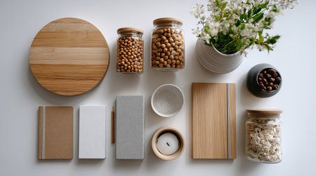 This image showcases a harmonious arrangement of bamboo, glass jars, and natural elements, perfect for enhancing a cozy and stylish living environment with minimalistic decor.の素材