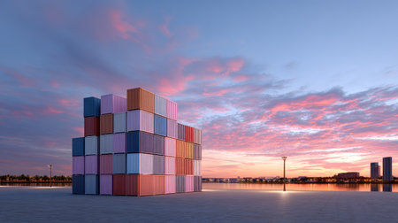 A stunning scene featuring a stack of colorful shipping containers beside a tranquil waterfront at sunset. The vibrant sky beautifully reflects on the water's surface, offering a serene view.の素材
