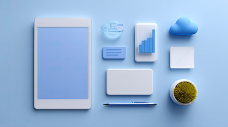 A serene minimalist workspace featuring a tablet, simple charts, a cloud icon, a business card, stationery, a pen, and a small plant, ideal for inspiration and productivity.の素材