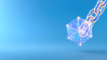 A futuristic visualization showcasing a sparkling cube connected by a glowing chain, representing blockchain technology and its impact on digital security and innovation.の素材