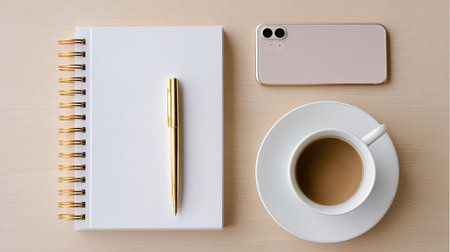 A serene workspace featuring a notebook, golden pen, coffee cup, and smartphone set on a light wooden surface, perfect for creative exploration and productivity.の素材