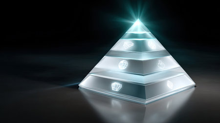 A captivating futuristic pyramid features glowing icons that symbolize connectivity and innovation. The soft lighting enhances the modern design in a dark environment.の素材