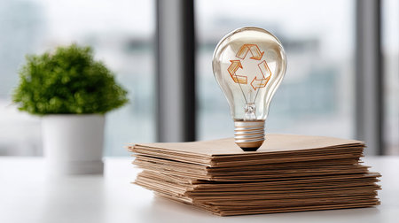 A bright light bulb featuring a recycle symbol sits above a stack of cardboard boxes on a desk, emphasizing sustainability and eco-friendly practices in the workplace.の素材