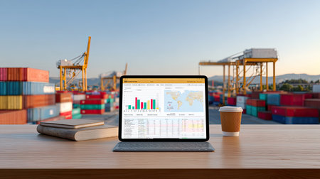 A contemporary workspace featuring a laptop displaying analytics related to shipping and import-export, with vibrant containers and cranes in the background.の素材