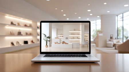 A sleek laptop displays a stylish shoe showroom, highlighting modern retail aesthetics and inviting ambiance. Ideal for showcasing products in a professional environment.の素材
