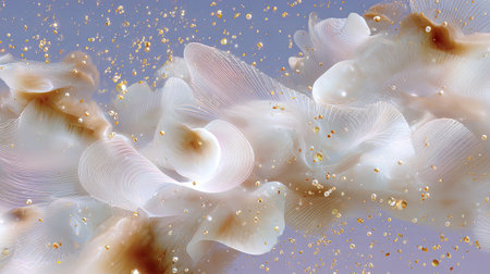 Discover a stunning abstract fluid composition featuring soft colors and golden particles, creating a dreamy atmosphere that inspires creativity and serenity.の素材