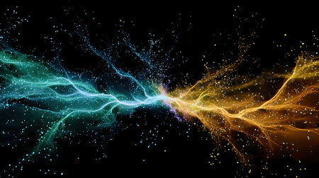 A striking composition of blue and orange energy waves colliding in a dark space filled with stars, creating a cosmic visual perfect for digital artwork or backgrounds.の素材