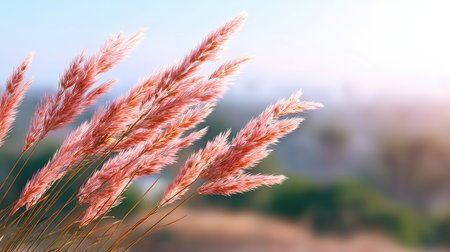 Gentle pink grass blades sway gracefully in a soft breeze, creating a tranquil scene. The blurred background enhances the serene and calming atmosphere of nature.の素材