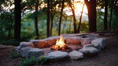 A stunning campfire scene at dusk, featuring vibrant flames surrounded by natural stones, ideal for outdoor gatherings and evoking warmth and tranquility in nature.の素材