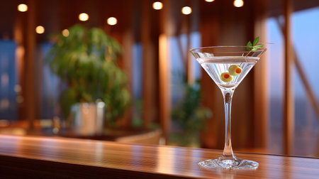 A beautifully crafted martini glass featuring olives stands elegantly on a wooden counter, set against a softly lit bar backdrop, perfect for a cozy evening.の素材