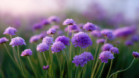 A stunning display of vibrant purple flowers swaying gently in a green field, illuminated by soft evening light, creating a calming and picturesque atmosphere.の素材