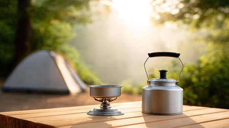 Enjoy a serene camping experience with a kettle and stove on a wooden table. The mesmerizing morning light shines through the forest, creating a peaceful ambiance.の素材