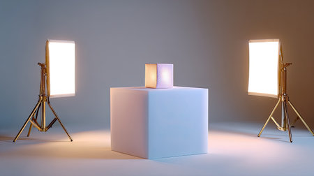 A sleek studio environment featuring a glowing cube on a pedestal. This image captures the essence of modern design with soft lighting and minimal background.の素材