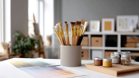 A cozy and inviting crafting workspace featuring paintbrushes, paints, and a color palette, perfect for artists seeking inspiration in a bright studio.の素材