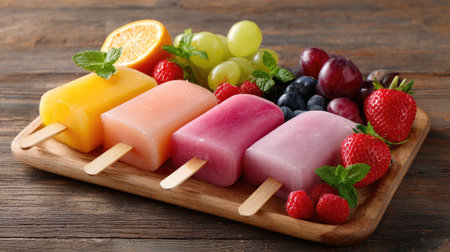 A delightful arrangement of colorful homemade fruit popsicles features vibrant flavors on a rustic wooden board, surrounded by fresh berries and citrus fruits.の素材