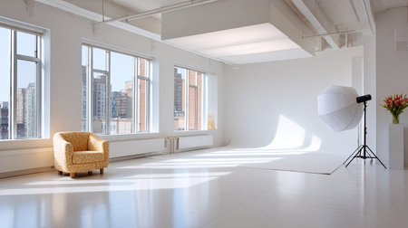 A bright and inviting photography studio featuring large windows that flood the space with natural light, cozy chair, and softbox lighting for creative endeavors.の素材