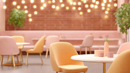 A cozy cafe interior featuring soft lighting, colorful furniture, and lush plants, creating a relaxing and modern atmosphere for dining and socializing.の素材
