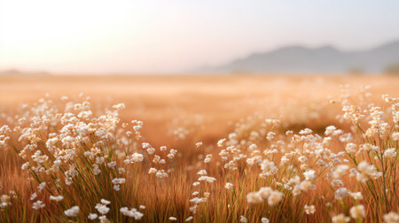 A picturesque scene showcasing delicate white flowers in a sunlit field with a soft mountain backdrop, evoking a sense of tranquility and natural beauty.の素材