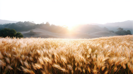 A breathtaking view of a golden wheat field bathed in early morning light, with rolling hills in the background. This serene landscape evokes feelings of tranquility and beauty.の素材