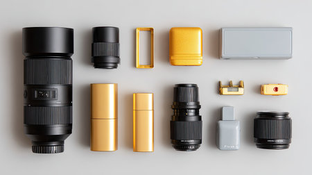 An artistic flat lay of various photography equipment, including lenses and accessories in eye-catching colors, ideal for photographers and creatives seeking inspiration.の素材
