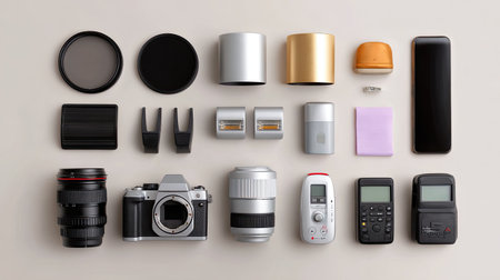A captivating flat lay featuring an assortment of photography equipment including multiple lenses, filters, camera bodies, remote controls, and more. Perfect for creatives.の素材