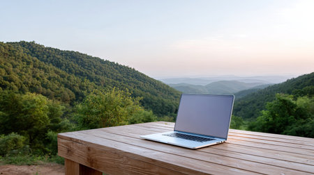 A peaceful mountain landscape featuring a laptop on a wooden table, showcasing an ideal remote work setting in a serene outdoor environment, perfect for inspiration.の素材