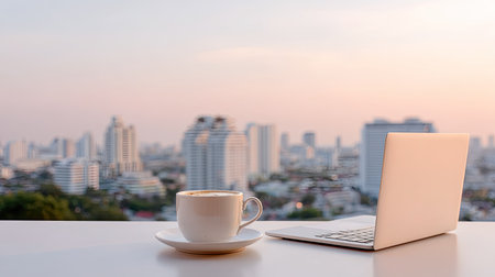 A serene urban workspace featuring a coffee cup and laptop set against a stunning cityscape at sunset. Perfect for inspiration, productivity, and relaxation.の素材