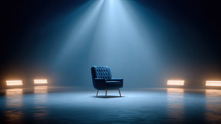 A stylish armchair sits under a focused spotlight on a dim stage, creating a serene atmosphere perfect for artistic compositions or modern interior design concepts.の素材