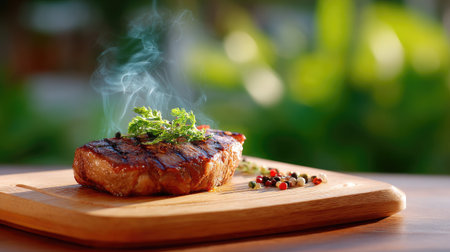 A beautifully grilled steak rests on a wooden cutting board, garnished with fresh herbs and peppercorns, creating an inviting outdoor dining scene.の素材