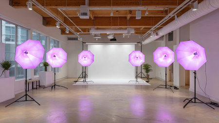 A well-equipped photography studio featuring seven softbox lights in vibrant colors, providing an ideal space for artistic photo sessions and creative projects.の素材