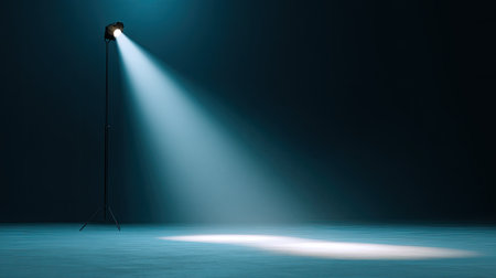 A striking spotlight shines through a dark stage, creating a dramatic scene. The soft beam of light highlights the floor, enhancing anticipation in the atmosphere.の素材