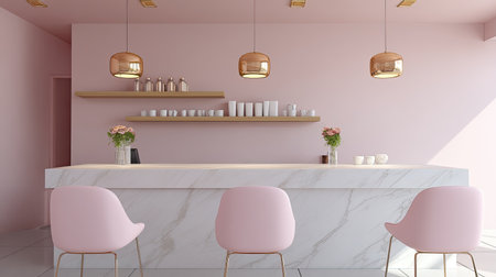 A contemporary pink bar interior featuring a sleek marble countertop and stylish pendant lights, perfect for creating a warm and inviting atmosphere in any space.の素材