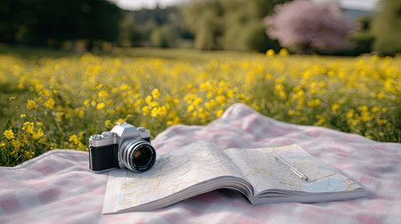 A vintage camera rests beside an open map on a checkered blanket in a sunlit field full of yellow flowers, creating an inviting atmosphere for outdoor adventures.の素材