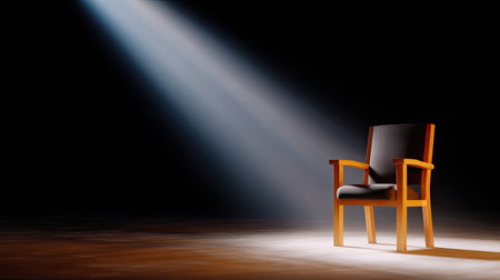A striking image featuring a wooden chair under a focused spotlight in a dark environment, symbolizing isolation and contemplation, inviting deep reflections.の素材