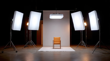 A minimalistic photography studio setup featuring a wooden chair against a soft backdrop, illuminated by softbox lights for creative and professional projects.の素材
