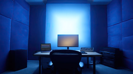 A sleek home office setup featuring ambient blue lighting and modern furniture, ideal for enhancing focus and creativity in a calm, minimalist atmosphere.の素材