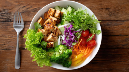 A vibrant and colorful salad featuring grilled chicken, fresh vegetables, and greens served in a white bowl on a rustic wooden table, perfect for healthy meals.の素材