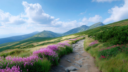 Explore the breathtaking beauty of a serene mountain landscape featuring a rocky path adorned with colorful wildflowers, framed by a brilliant blue sky and gentle clouds.の素材
