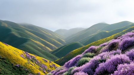 Discover a breathtaking view of rolling hills adorned with vibrant purple wildflowers, showcasing nature's beauty and tranquility under a soft, cloudy sky.の素材