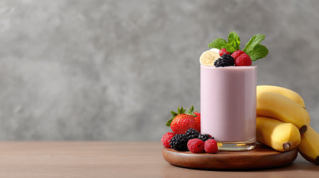 A vibrant berry smoothie garnished with fresh fruits and mint leaves, perfect for enhancing health and quenching thirst during hot summer days.の素材
