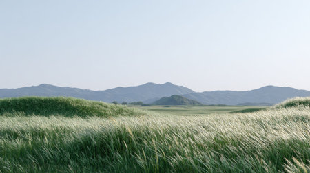 A breathtaking view showcasing lush green fields swaying gently in the breeze, framed by majestic mountains under a bright and clear sky, inviting tranquility.の素材