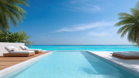 Experience a tranquil tropical oasis featuring a stunning infinity pool with scenic ocean views, surrounded by lush palm trees and a vibrant blue sky. Perfect for relaxation.の素材